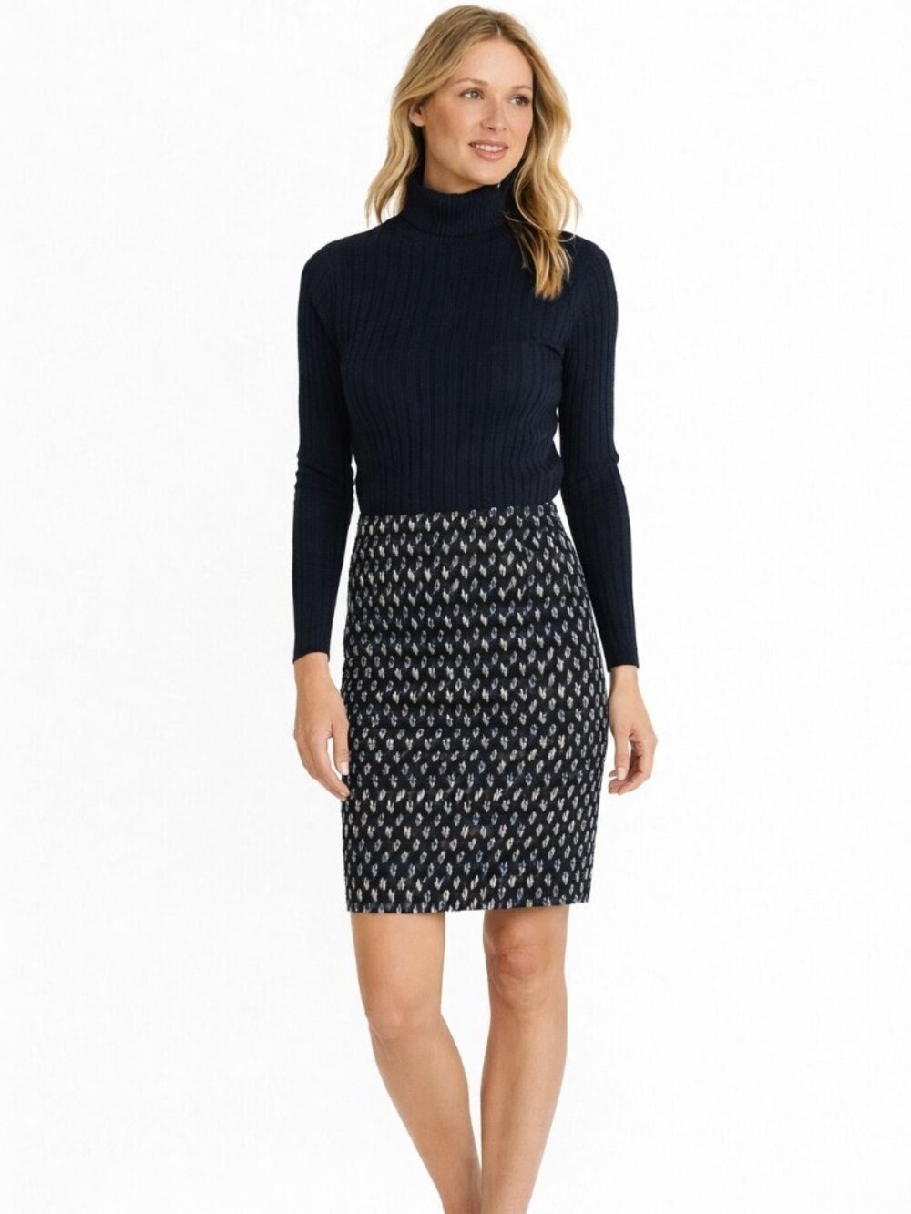 Blue & Black Kasper Geometric Skirt | Size 10P | Fully Lined Career Office Wear